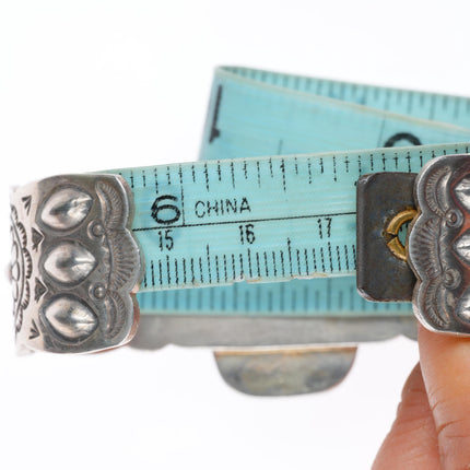 6.8" Navajo stamped sterling silver Ceremonial Kingman turquoise cuff bracelet