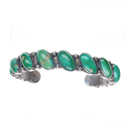 6.5" vintage Navajo greasy green turquoise row sterling silver cuff bracelet