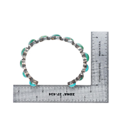 6.5" vintage Navajo greasy green turquoise row sterling silver cuff bracelet