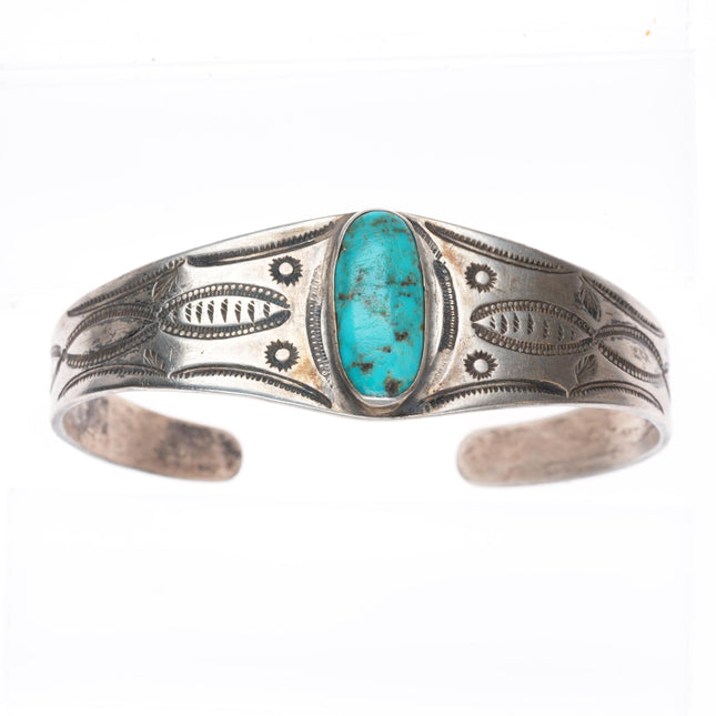 6.9" Antique Navajo ingot silver deep stamped cuff bracelet with turquoise