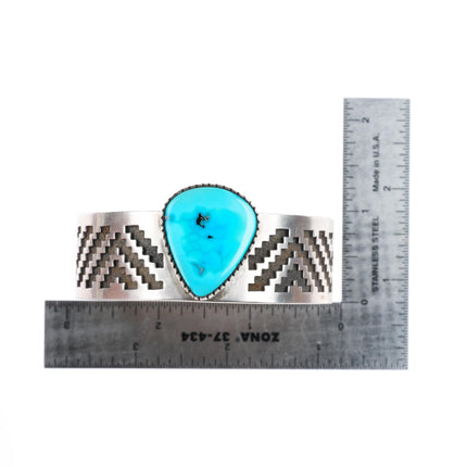 7.1" Tommy Jackson Navajo sterling silver rug pattern cuff bracelet - Turquoise