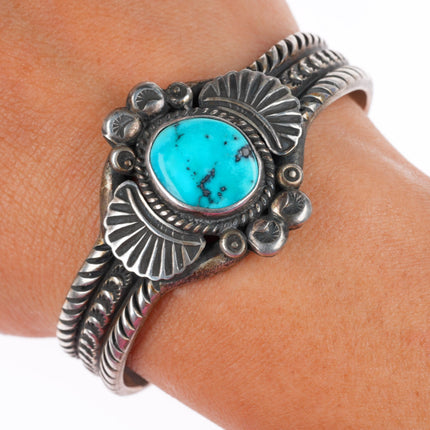 6.2" Eugene Hale Navajo deep stamped sterling silver cuff bracelet w/ turquoise