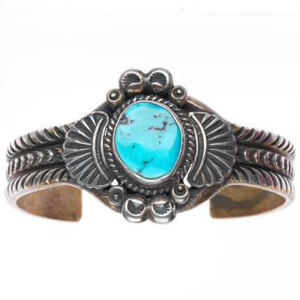 6.2" Eugene Hale Navajo deep stamped sterling silver cuff bracelet w/ turquoise