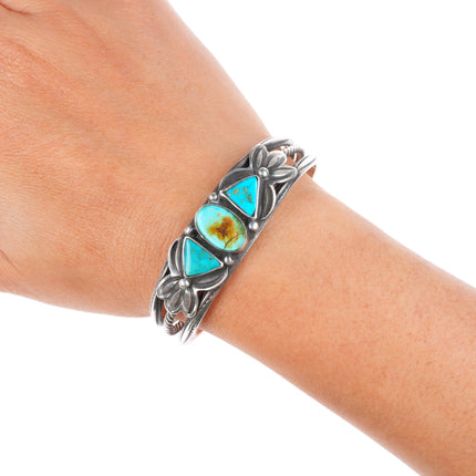 6.2" 1930's Navajo carinated sterling silver 3 stone turquoise cuff bracelet
