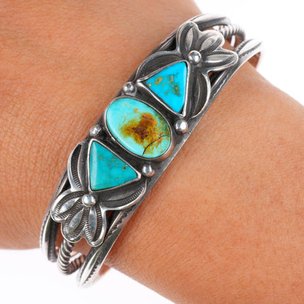 6.2" 1930's Navajo carinated sterling silver 3 stone turquoise cuff bracelet
