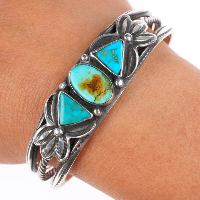 6.2" 1930's Navajo carinated sterling silver 3 stone turquoise cuff bracelet