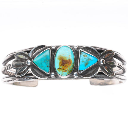6.2" 1930's Navajo carinated sterling silver 3 stone turquoise cuff bracelet