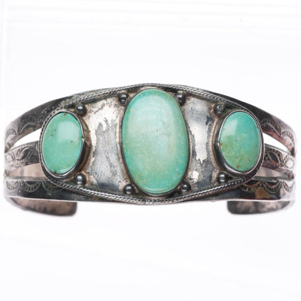 6.75" c1940 vintage Navajo 3 stone turquoise sterling silver cuff bracelet