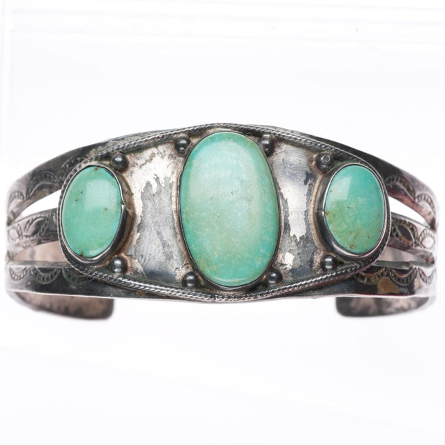 6.75" c1940 vintage Navajo 3 stone turquoise sterling silver cuff bracelet