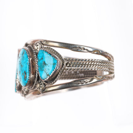 6.9" Vintage B Navajo sterling silver large stone turquoise row cuff bracelet