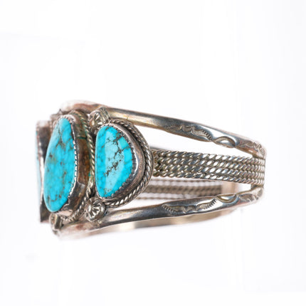 6.9" Vintage B Navajo sterling silver large stone turquoise row cuff bracelet