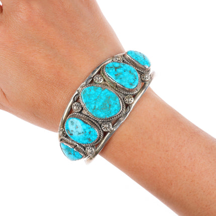 6.9" Vintage B Navajo sterling silver large stone turquoise row cuff bracelet