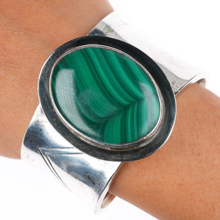 6.4" Large Andy Marion Navajo sterling silver malachite modernist cuff bracelet