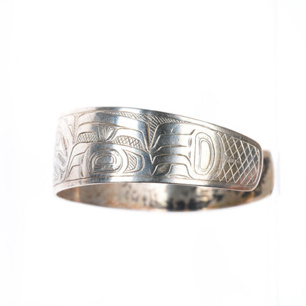 7" 1972 JB Northwest Coast Haida/Tlingit carved sterling silver cuff bracelet