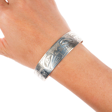 7" 1972 JB Northwest Coast Haida/Tlingit carved sterling silver cuff bracelet