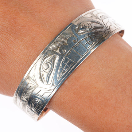 7" 1972 JB Northwest Coast Haida/Tlingit carved sterling silver cuff bracelet
