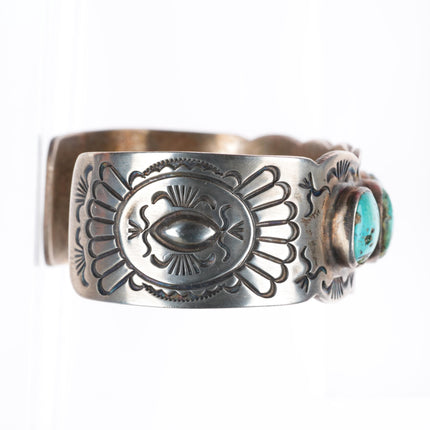 6.75" vintage Navajo sterling silver deep stamped turquoise row cuff bracelet