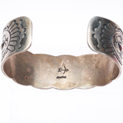 6.75" vintage Navajo sterling silver deep stamped turquoise row cuff bracelet