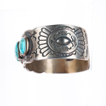 6.75" vintage Navajo sterling silver deep stamped turquoise row cuff bracelet