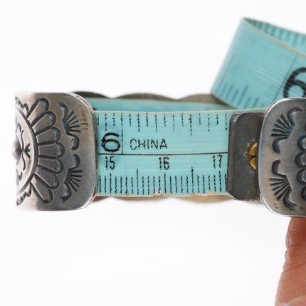 6.75" vintage Navajo sterling silver deep stamped turquoise row cuff bracelet