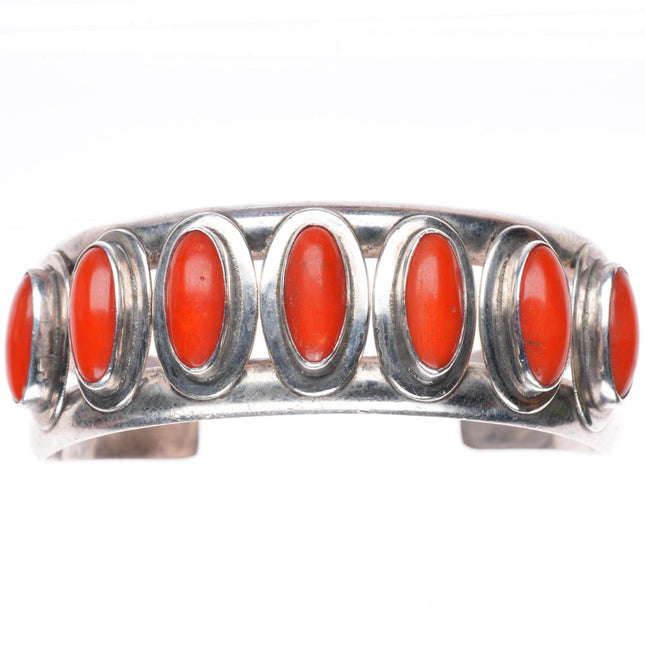 6.4" vintage T Duran Navajo sterling silver high grade coral row cuff bracelet