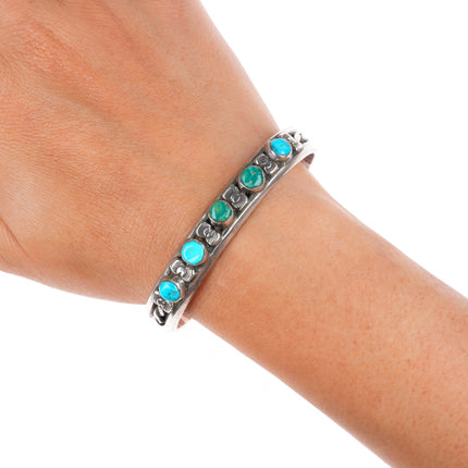 6.5" vintage c1940-50's Navajo sterling silver turquoise row cuff bracelet