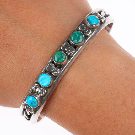 6.5" vintage c1940-50's Navajo sterling silver turquoise row cuff bracelet