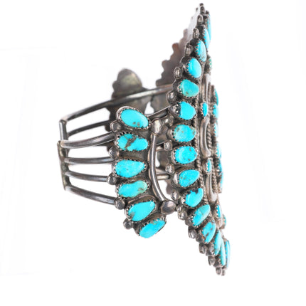 6.8" Large vintage Zuni sterling silver cluster Morenci turquoise cuff bracelet