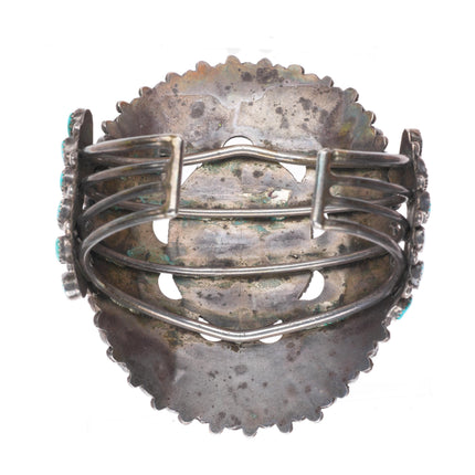6.8" Large vintage Zuni sterling silver cluster Morenci turquoise cuff bracelet