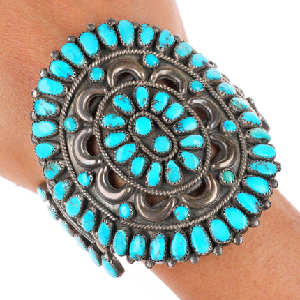 6.8" Large vintage Zuni sterling silver cluster Morenci turquoise cuff bracelet