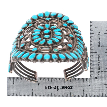 6.8" Large vintage Zuni sterling silver cluster Morenci turquoise cuff bracelet