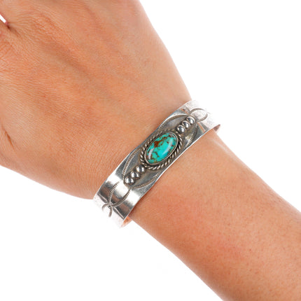 6.6" Vintage Navajo sterling silver high grade turquoise stamped cuff bracelet