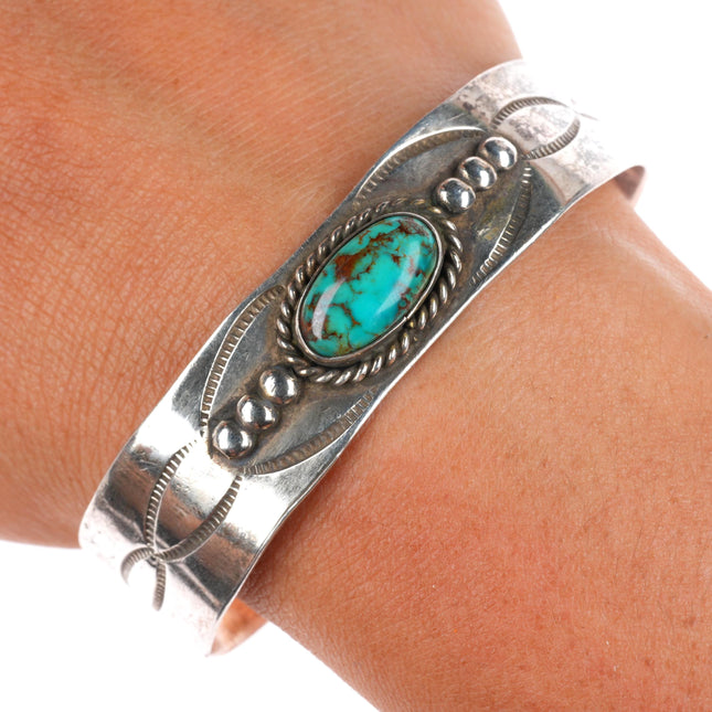 6.6" Vintage Navajo sterling silver high grade turquoise stamped cuff bracelet