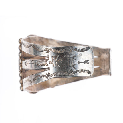 6.75" c1940's Navajo sterling silver petrified wood agate stamped cuff bracelet