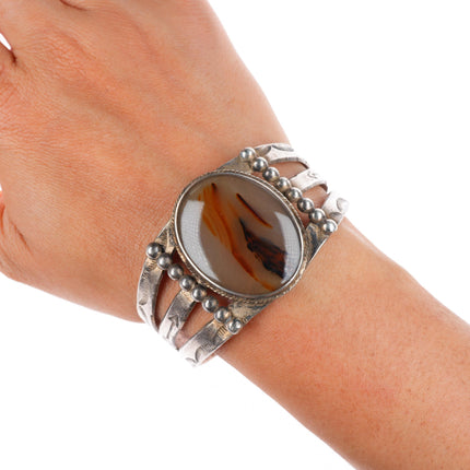 6.75" c1940's Navajo sterling silver petrified wood agate stamped cuff bracelet