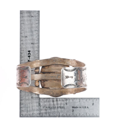 6.75" c1940's Navajo sterling silver petrified wood agate stamped cuff bracelet