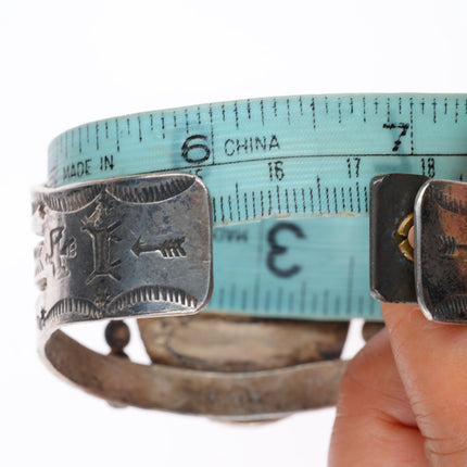 6.75" c1940's Navajo sterling silver petrified wood agate stamped cuff bracelet