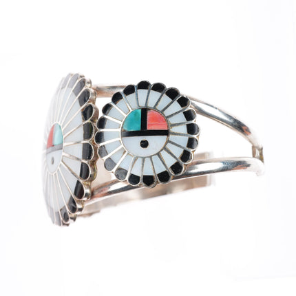 6.5" Vintage Zuni sterling silver channel inlay sunface cuff bracelet