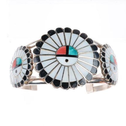 6.5" Vintage Zuni sterling silver channel inlay sunface cuff bracelet