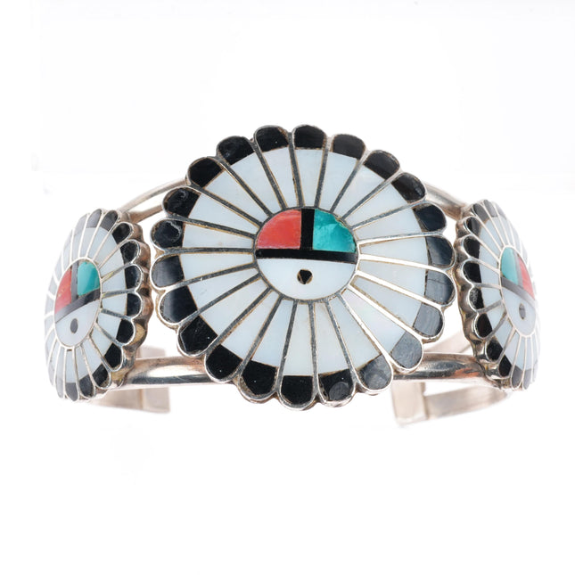 6.5" Vintage Zuni sterling silver channel inlay sunface cuff bracelet