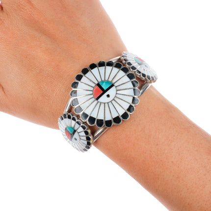 6.5" Vintage Zuni sterling silver channel inlay sunface cuff bracelet