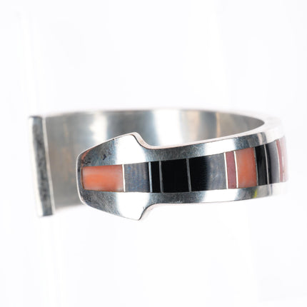 6.4" Ray Tracey Knifewing red/pink Coral Black Jade inlay cuff bracelet