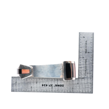6.4" Ray Tracey Knifewing red/pink Coral Black Jade inlay cuff bracelet