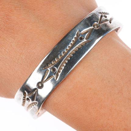 6.6" vintage Navajo deep stamped sterling silver sturdy stacker cuff bracelet
