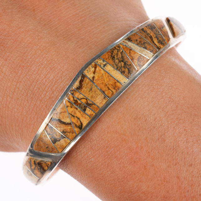 6.7" Calvin Begay Navajo vintage sterling silver petrified wood cuff bracelet