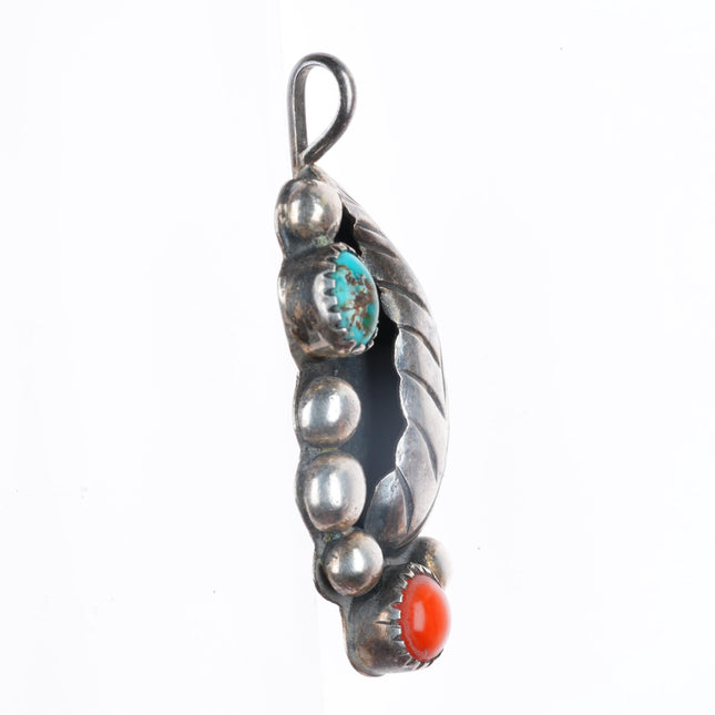 Vintage Navajo Royston turquoise, coral sterling silver feather pendant
