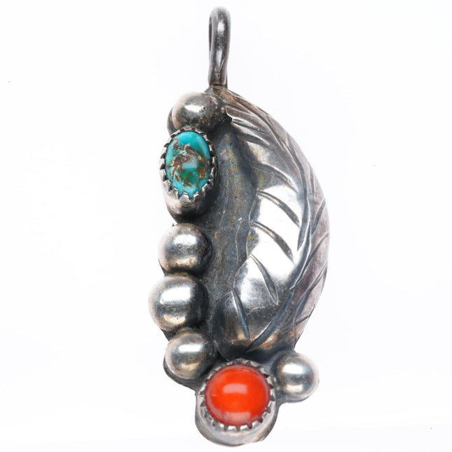 Vintage Navajo Royston turquoise, coral sterling silver feather pendant