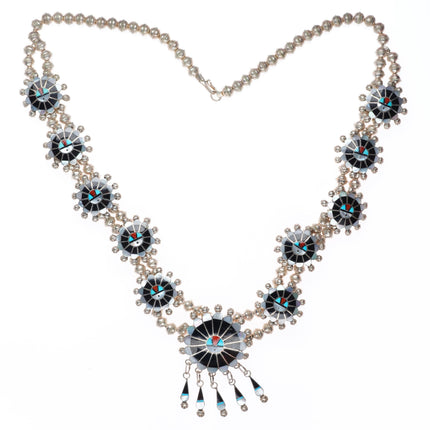 Abel Soseeah Zuni Sterling silver squash blossom style sunface station necklace
