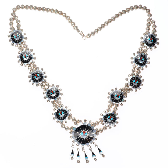 Abel Soseeah Zuni Sterling silver squash blossom style sunface station necklace