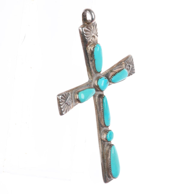 Horace Iule Zuni sterling silver turquoise stamped cross pendant